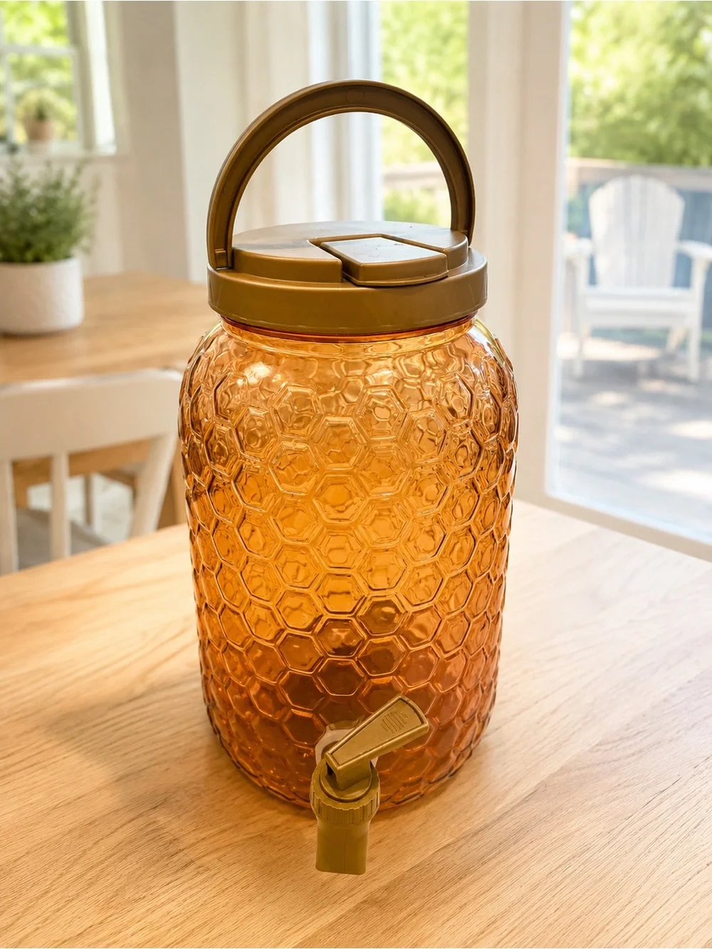 Amber Honeycomb Beverage Dispenser with Gold Lid and Spigot